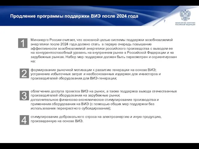 Продление программы поддержки ВИЭ после 2024 года Минэнерго России считает, что