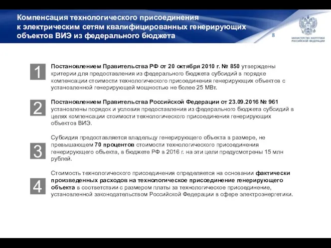 Компенсация технологического присоединения к электрическим сетям квалифицированных генерирующих объектов ВИЭ из