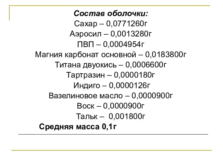 Состав оболочки: Сахар – 0,0771260г Аэросил – 0,0013280г ПВП – 0,0004954г