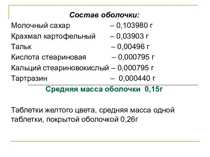 Состав оболочки: Молочный сахар – 0,103980 г Крахмал картофельный – 0,03903