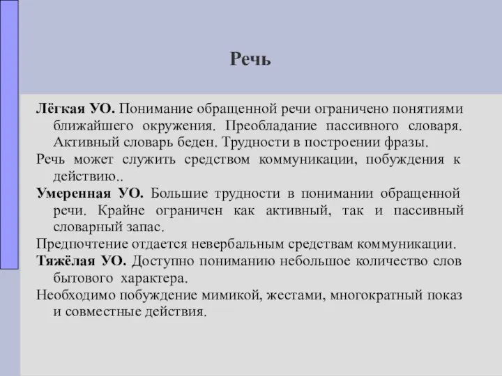 Речь Лёгкая УО. Понимание обращенной речи ограничено понятиями ближайшего окружения. Преобладание