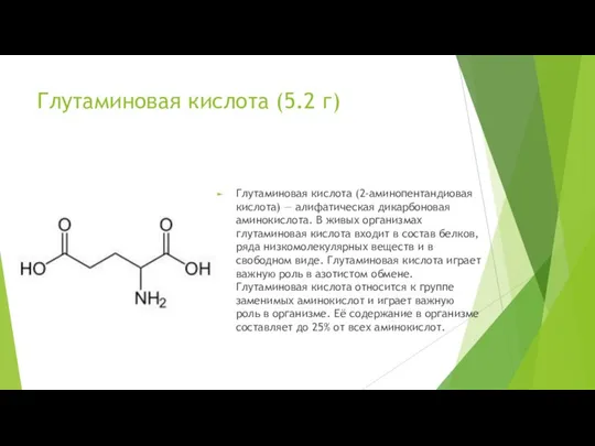 Глутаминовая кислота (5.2 г) Глутаминовая кислота (2-аминопентандиовая кислота) — алифатическая дикарбоновая