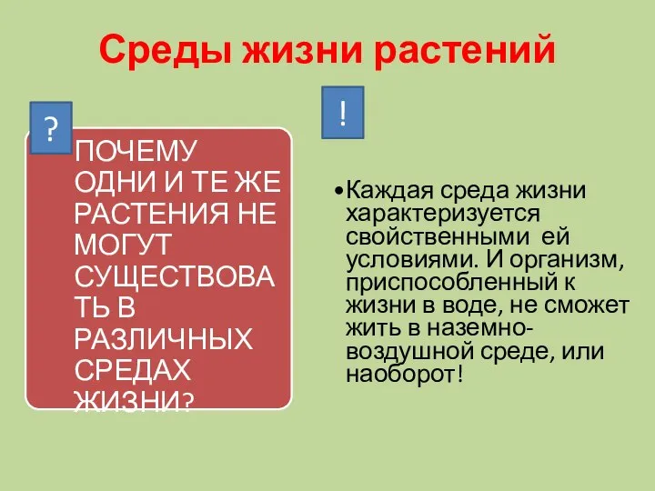 Среды жизни растений ? Каждая среда жизни характеризуется свойственными ей условиями.