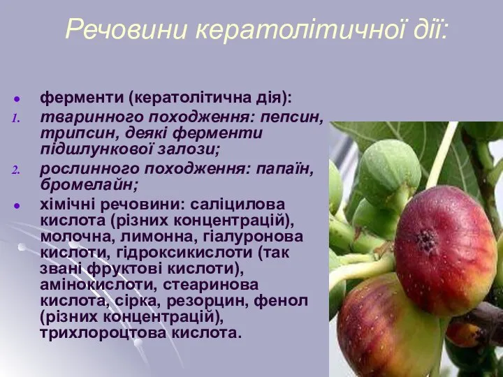 Речовини кератолітичної дії: ферменти (кератолітична дія): тваринного походження: пепсин, трипсин, деякі