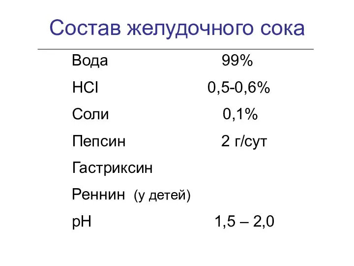 Состав желудочного сока Вода 99% НСI 0,5-0,6% Соли 0,1% Пепсин 2