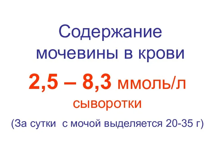 Содержание мочевины в крови 2,5 – 8,3 ммоль/л сыворотки (За сутки с мочой выделяется 20-35 г)