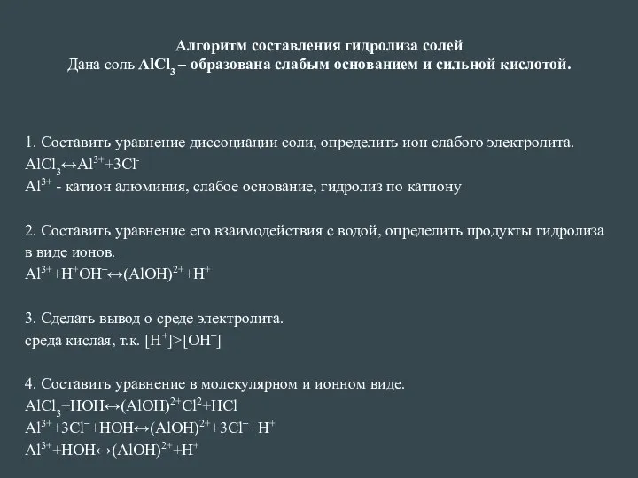 Алгоритм составления гидролиза солей Дана соль AlCl3 – образована слабым основанием и сильной кислотой.