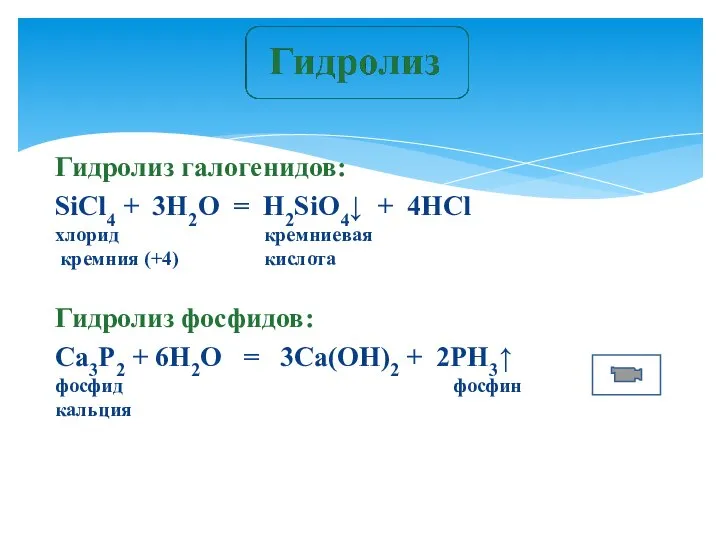 Гидролиз галогенидов: SiCl4 + 3H2O = H2SiO4↓ + 4HСl хлорид кремниевая