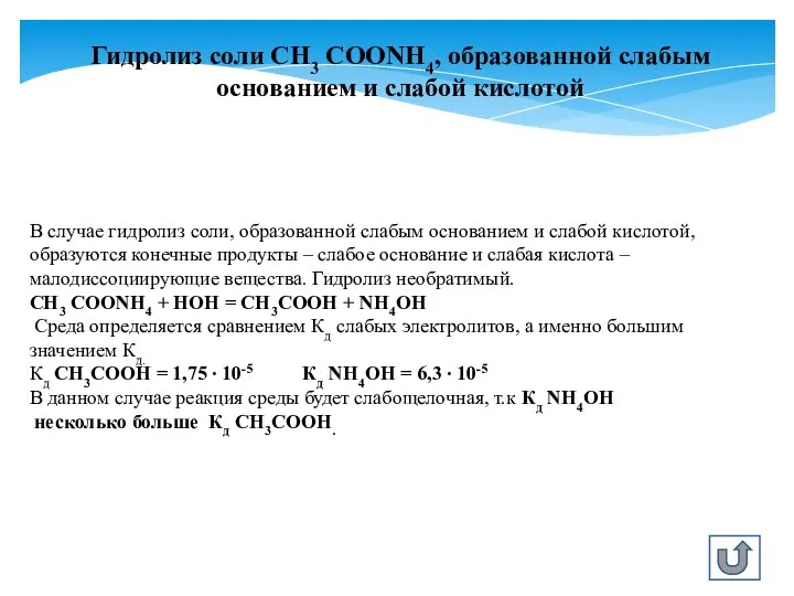 Гидролиз соли СН3 СООNН4, образованной слабым основанием и слабой кислотой В
