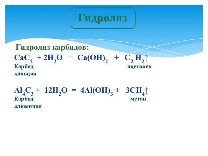 Гидролиз карбидов: CaC2 + 2H2O = Ca(OH)2 + C2 H2↑ Карбид