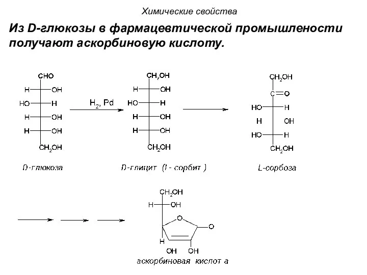 Химические свойства Из D-глюкозы в фармацевтической промышлености получают аскорбиновую кислоту.