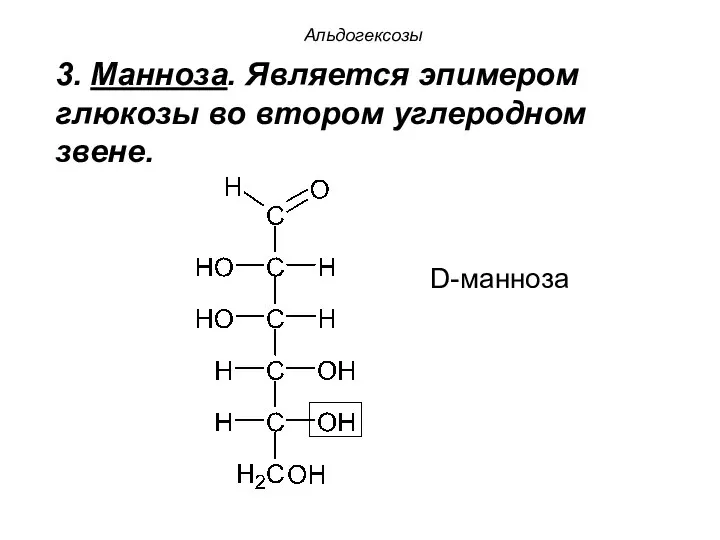 3. Манноза. Является эпимером глюкозы во втором углеродном звене. Альдогексозы D-манноза