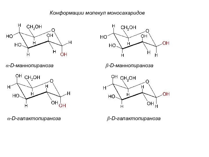 α-D-маннопираноза β-D-маннопираноза α-D-галактопираноза β-D-галактопираноза Конформации молекул моносахаридов