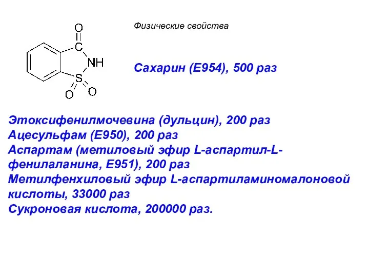 Сахарин (E954), 500 раз Этоксифенилмочевина (дульцин), 200 раз Ацесульфам (E950), 200