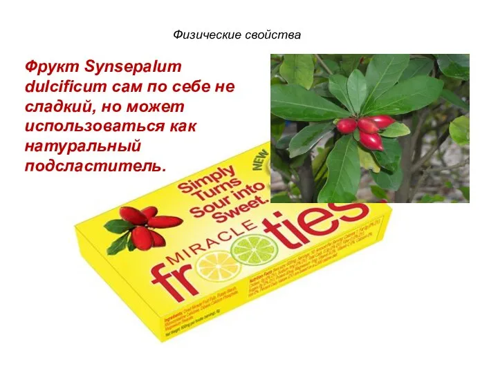 Физические свойства Фрукт Synsepalum dulcificum сам по себе не сладкий, но может использоваться как натуральный подсластитель.