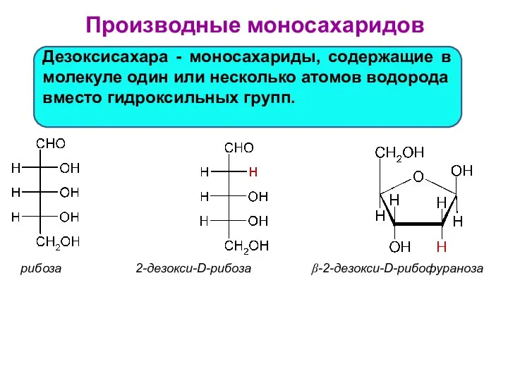 рибоза 2-дезокси-D-рибоза β-2-дезокси-D-рибофураноза Производные моносахаридов Дезоксисахара - моносахариды, содержащие в молекуле