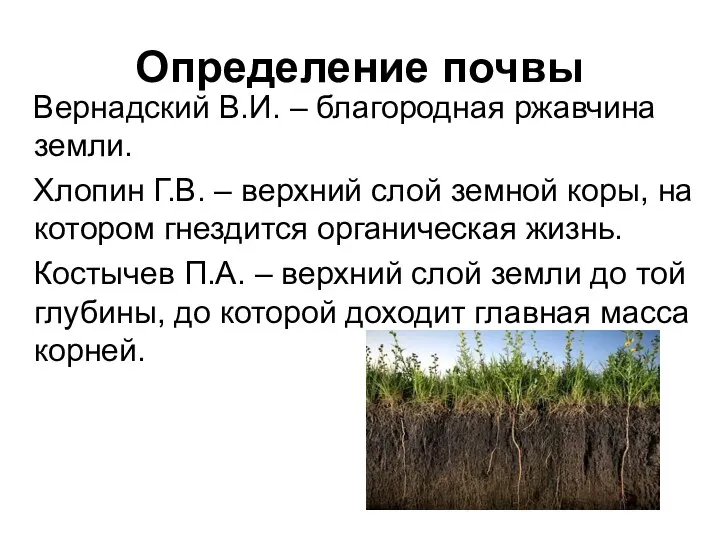 Определение почвы Вернадский В.И. – благородная ржавчина земли. Хлопин Г.В. –