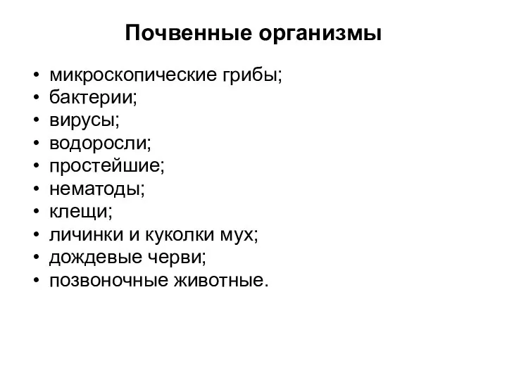 Почвенные организмы микроскопические грибы; бактерии; вирусы; водоросли; простейшие; нематоды; клещи; личинки