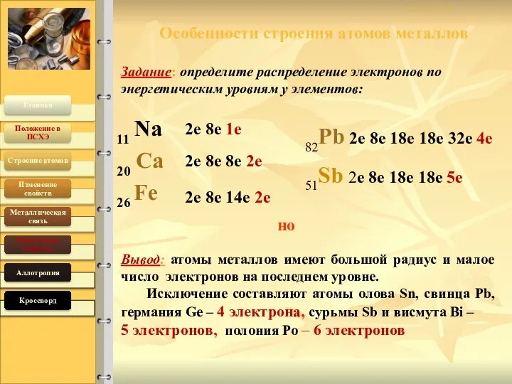 Особенности строения атомов металлов 11 Na 20 Са 26 Fe 19.04.2016