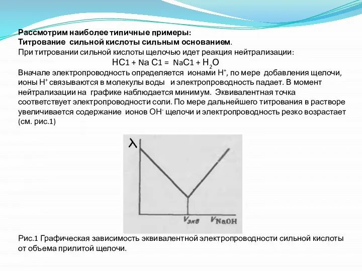 Рассмотрим наиболее типичные примеры: Титрование сильной кислоты сильным основанием. При титровании