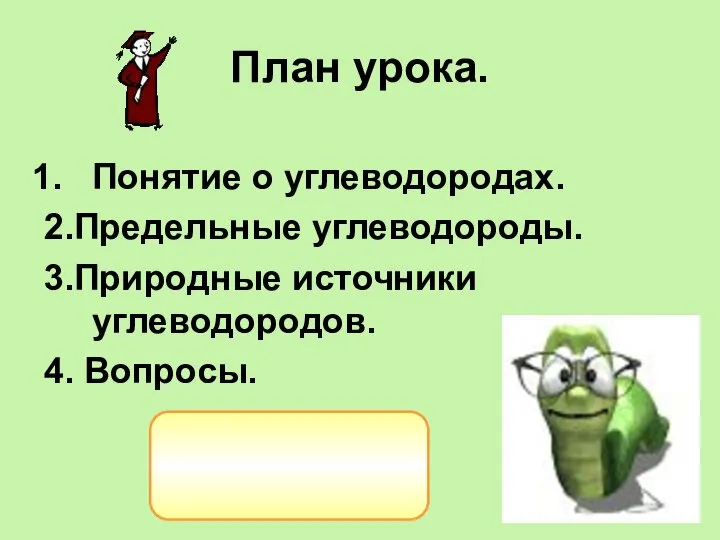 План урока. Понятие о углеводородах. 2.Предельные углеводороды. 3.Природные источники углеводородов. 4. Вопросы.