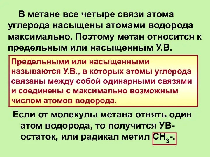 В метане все четыре связи атома углерода насыщены атомами водорода максимально.