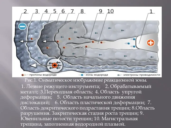 Рис.1. Схематическое изображение реакционной зоны. 1. Лезвие режущего инструмента; 2. Обрабатываемый