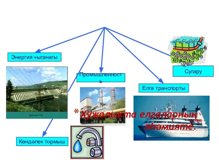 Энергия чыганагы Көндәлек тормыш Промышленность Елга транспорты Сугару Хуҗалыкта елгаларның әһәмияте.