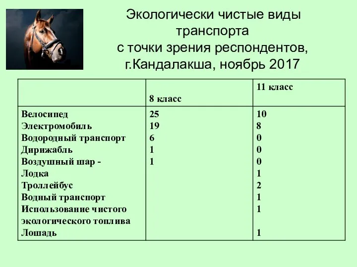 Экологически чистые виды транспорта с точки зрения респондентов, г.Кандалакша, ноябрь 2017