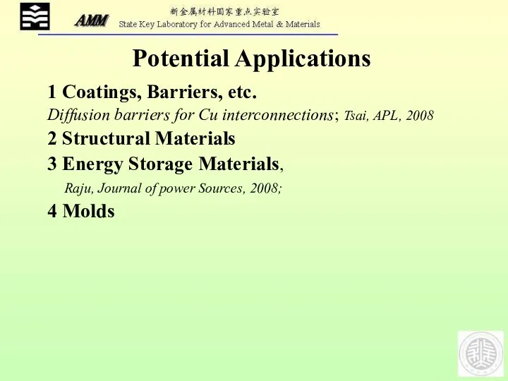 1 Coatings, Barriers, etc. Diffusion barriers for Cu interconnections; Tsai, APL,