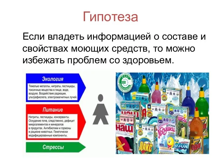 Гипотеза Если владеть информацией о составе и свойствах моющих средств, то можно избежать проблем со здоровьем.