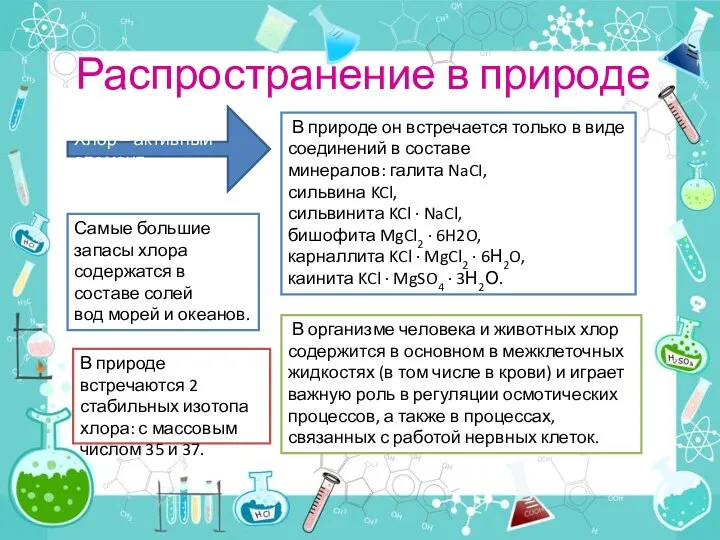 Распространение в природе Хлор – активный элемент В природе он встречается