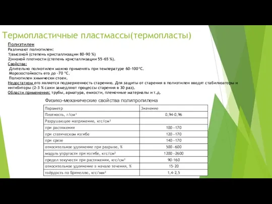 Термопластичные пластмассы(термопласты) Полиэтилен Различают полиэтилен: 1)высокой (степень кристаллизации 80-90 %) 2)низкой