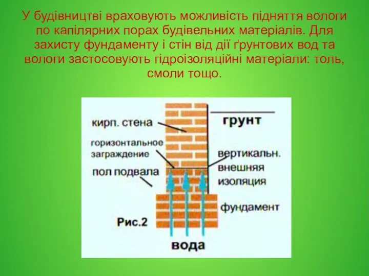 У будівництві враховують можливість підняття вологи по капілярних порах будівельних матеріалів.