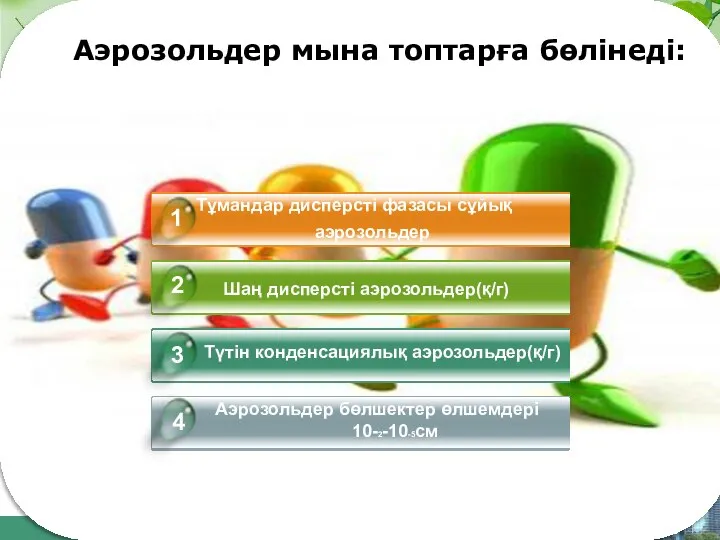 Аэрозольдер мына топтарға бөлінеді: Тұмандар дисперсті фазасы сұйық аэрозольдер Шаң дисперсті