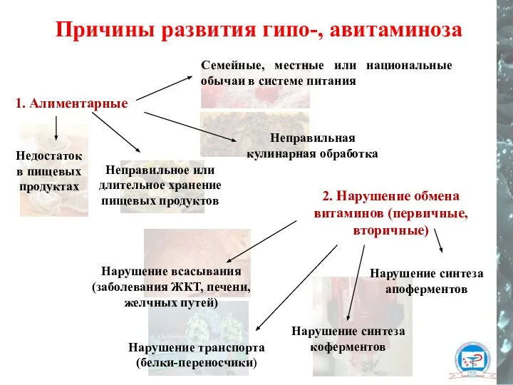 Причины развития гипо-, авитаминоза 1. Алиментарные Недостаток в пищевых продуктах Неправильное