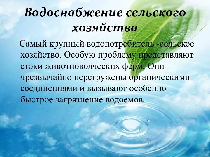 Водоснабжение сельского хозяйства Самый крупный водопотребитель -сельское хозяйство. Особую проблему представляют