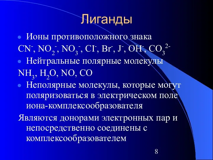 Лиганды Ионы противоположного знака CN-, NO2-, NO3-, CI-, Br-, J-, OH-,