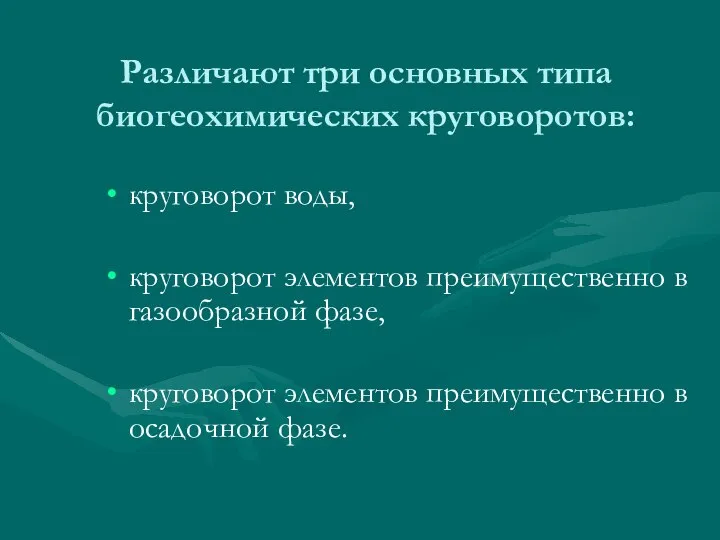 Различают три основных типа биогеохимических круговоротов: круговорот воды, круговорот элементов преимущественно