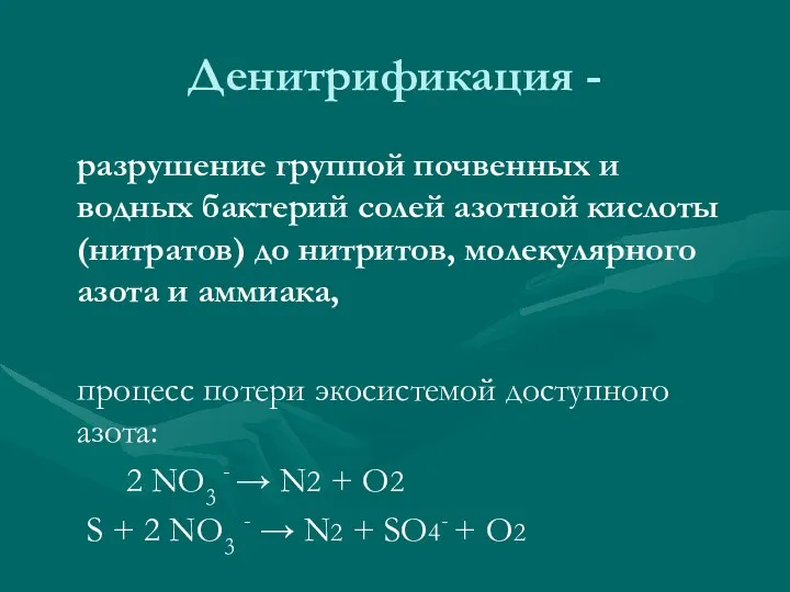 Денитрификация - разрушение группой почвенных и водных бактерий солей азотной кислоты