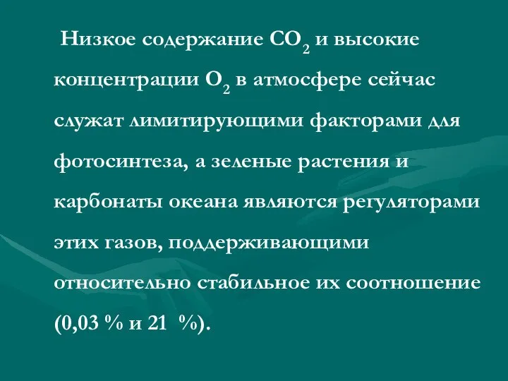 Низкое содержание СО2 и высокие концентрации О2 в атмосфере сейчас служат