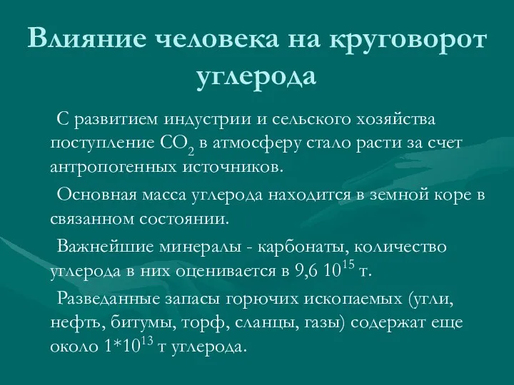 Влияние человека на круговорот углерода С развитием индустрии и сельского хозяйства