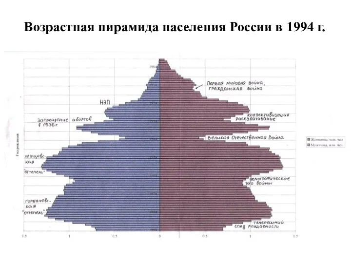 Возрастная пирамида населения России в 1994 г.
