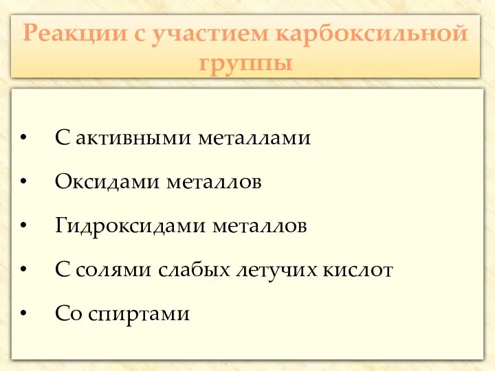 Реакции с участием карбоксильной группы С активными металлами Оксидами металлов Гидроксидами