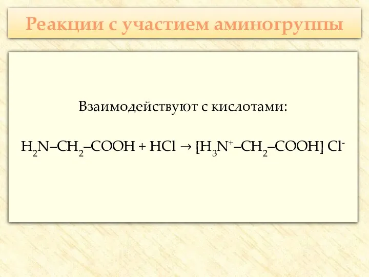 Реакции с участием аминогруппы Взаимодействуют с кислотами: H2N–CH2–COOH + HCl → [H3N+–CH2–COOH] Cl-