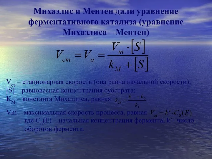 Михаэлис и Ментен дали уравнение ферментативного катализа (уравнение Михаэлиса – Ментен)