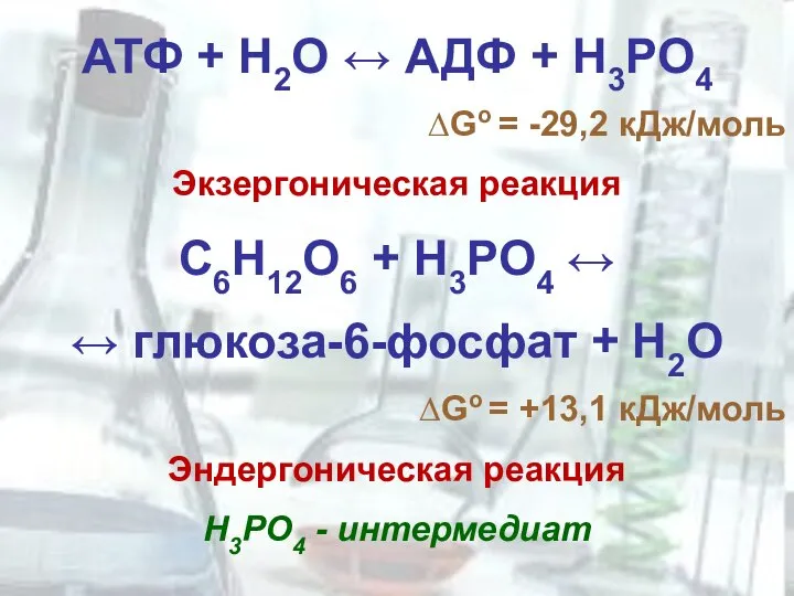 АТФ + Н2О ↔ АДФ + Н3РО4 ∆Gо = -29,2 кДж/моль