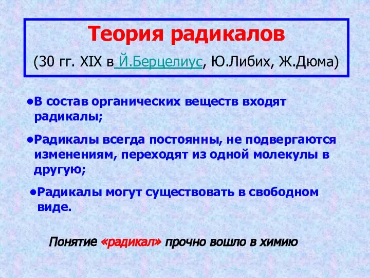 Теория радикалов (30 гг. XIX в Й.Берцелиус, Ю.Либих, Ж.Дюма) В состав