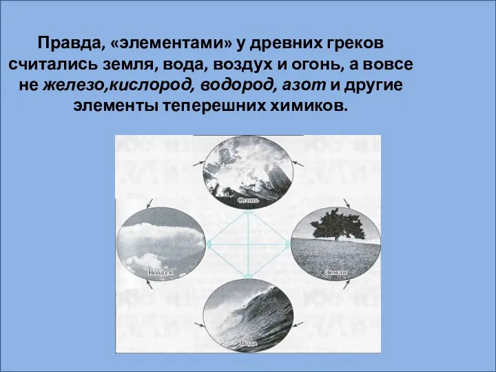 Правда, «элементами» у древних греков считались земля, вода, воздух и огонь,