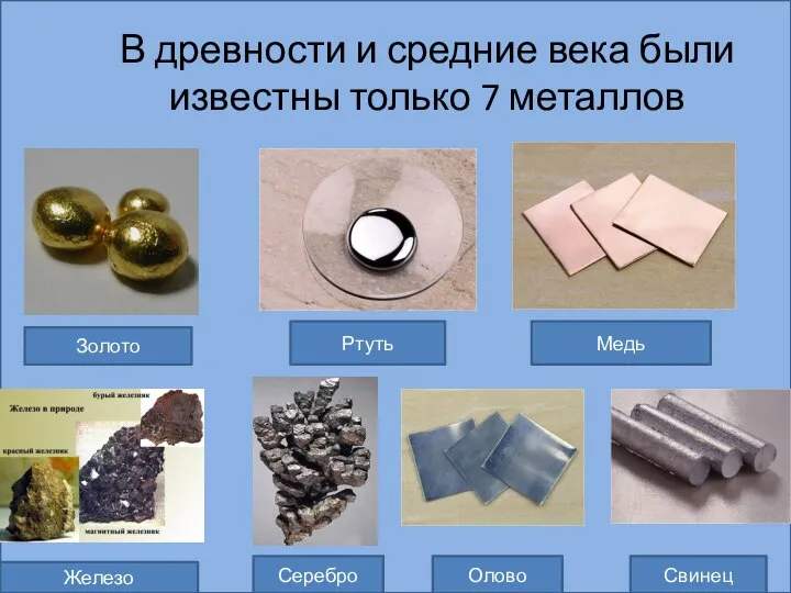 В древности и средние века были известны только 7 металлов Золото